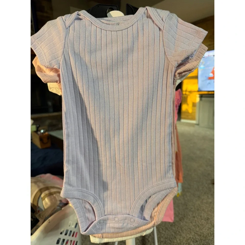 Carters Baby Girls 3 Pack Ribbed Short Sleeve Bodysuits White Pink Purple 3-6M